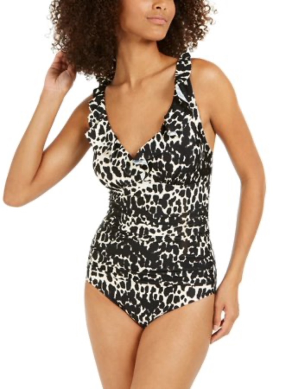 DKNY TEXTURED ANIMAL Ruffled Underwire Women Tummy Control One-Piece Swimsuit Fe